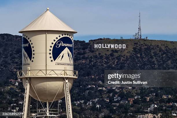 An aerial view of the Paramount logo on the water tower at Paramount Studios on February 23, 2026 in Los Angeles, California. Paramount Skydance is...