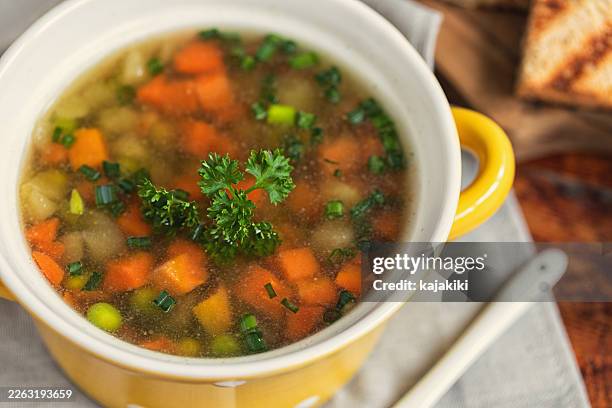 fresh spring vegetable soup - vegetable soup stock pictures, royalty-free photos & images