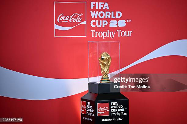 View of the World Cup trophy, as part of the FIFA Trophy Tour at Planalto Palace on February 26, 2026 in Brasilia, Brazil. The tour makes 75 stops in...