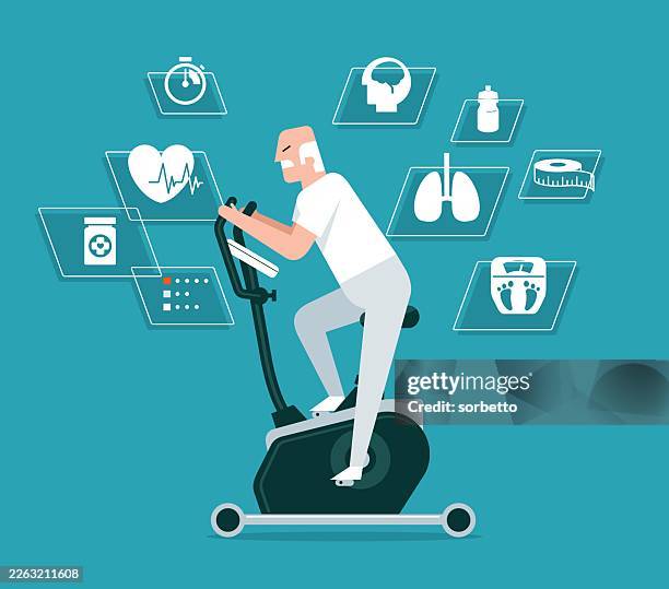 senior men riding an exercise bike - senior exercise machine stock illustrations