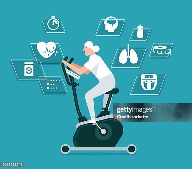 senior women riding an exercise bike - holistic health and healing for the heart stock illustrations