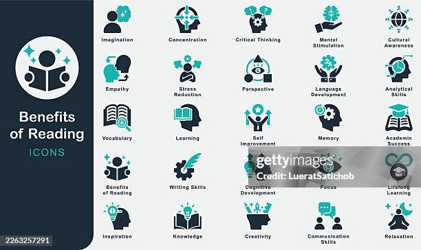 benefits of reading solid icons collection.containing knowledge, learning, vocabulary, memory, focus, concentration, imagination, creativity, empathy, critical thinking, analytical, skill, language - reminder stock illustrations