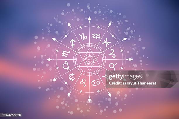 zodiac signs inside of horoscope circle. astrology in the sky with many stars and moons astrology and horoscopes concept. zodiac astrology wheel with crescent moon and starry night sky cosmic background. mystical zodiac signs circle with glowing crescent - astrologie stockfoto's en -beelden