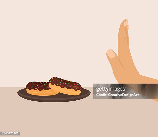 hand rejecting doughnuts with stop gesture. dieting, refusing sweets, self-control and healthy lifestyle concept - avoid sugar stock illustrations