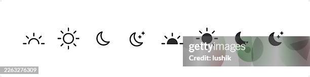 sun and moon icon set. editable stroke weight. pixel perfect. line- and solid-style icons. - time of day stock illustrations