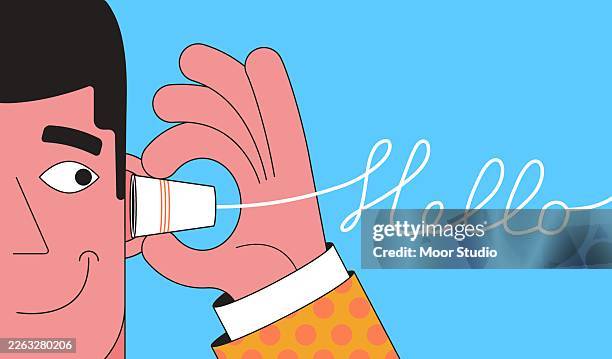 man using paper cup phone illustration - happy using phone stock illustrations
