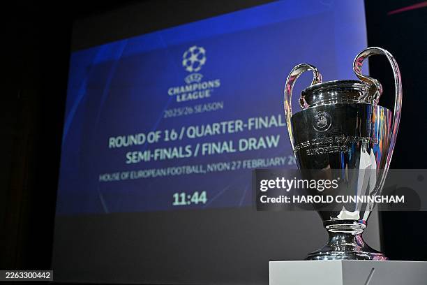 This photograph shows the UEFA Champions League Cup ahead of the 2025-2026 UEFA Champions League round of 16, quarter-final and semi-final draw at...