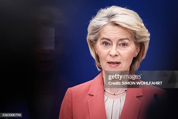 European Commission President Ursula von der Leyen makes a statement on the EU-Mercosur agreement at the European Commission In Brussels, on February...