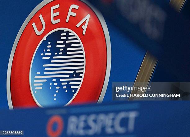 This photograph shows the UEFA logo displayed at the end of the 2025-2026 UEFA Europa League round of 16, quarter-final and semi-final draw at the...