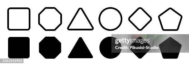 black outline and solid geometric shapes set on light background - solid shapes worksheet stock illustrations