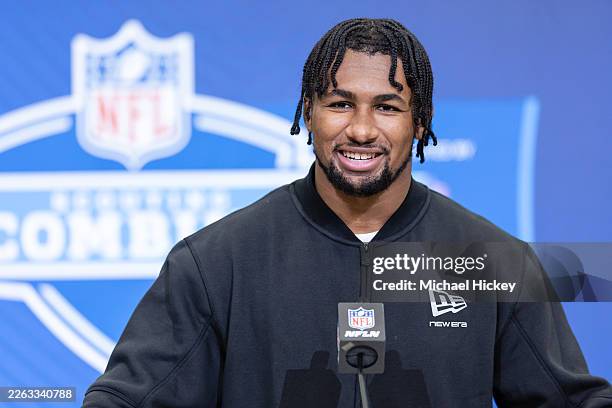 Nick Singleton of the Penn State Nittany Lions speaks to the media during the 2026 NFL Draft Combine at the Indiana Convention Center on February 27,...