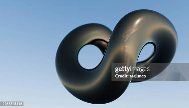 shiny metallic infinity sculpture floating against a clear blue sky. illustration, rendering - chrome background stock illustrations