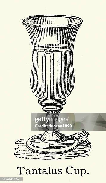 pythagorean cup also called tantalus cup, a practical joke device in a form of a drinking cup. when it is filled beyond a certain point, a siphoning effect causes the cup to drain its entire contents through the base victorian, vintage illustration, 19th - chalice stock illustrations