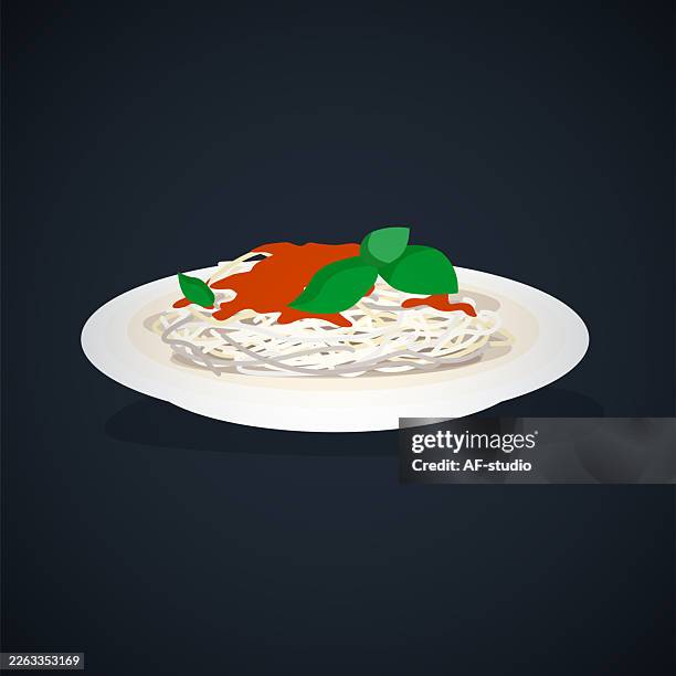 spaghetti plate flat vector icon on dark background - spaghetti isolated stock illustrations