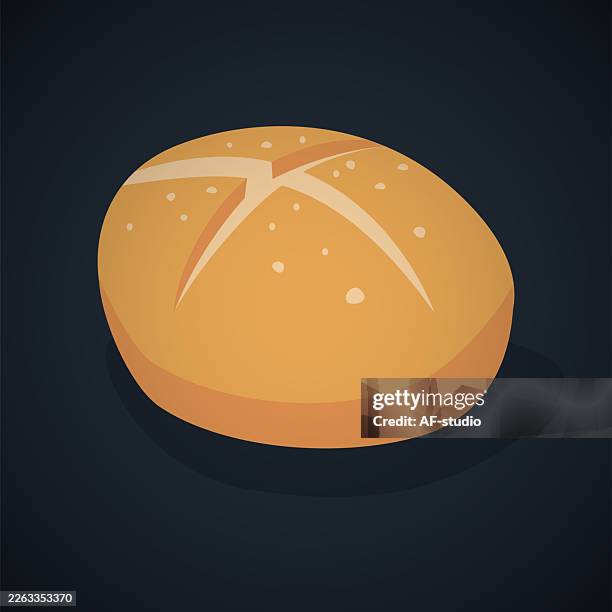 round bread bun flat vector icon on dark background - mediterranean food stock illustrations