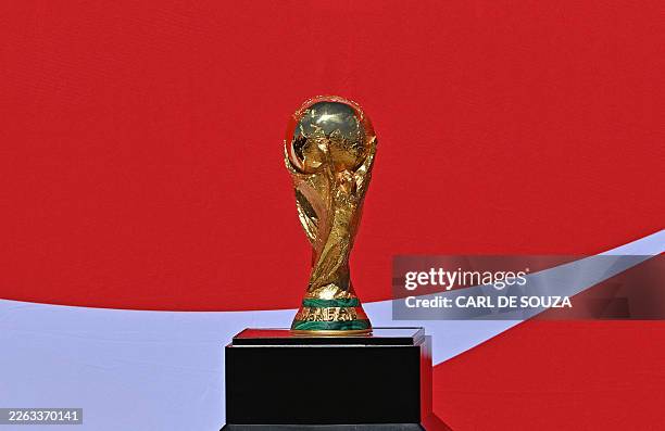 The FIFA World Cup trophy is pictured in Mexico City on February 27, 2026.