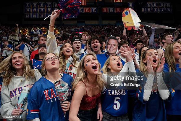 Kansas fans cheer for their team prior to a game against the Houston Cougars at Allen Fieldhouse on February 23, 2026 in Lawrence, Kansas.