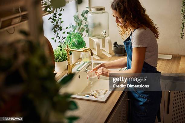 woman washing dishes in a sunlit home kitchen, domestic chores and peaceful morning routine - hygge stock pictures, royalty-free photos & images