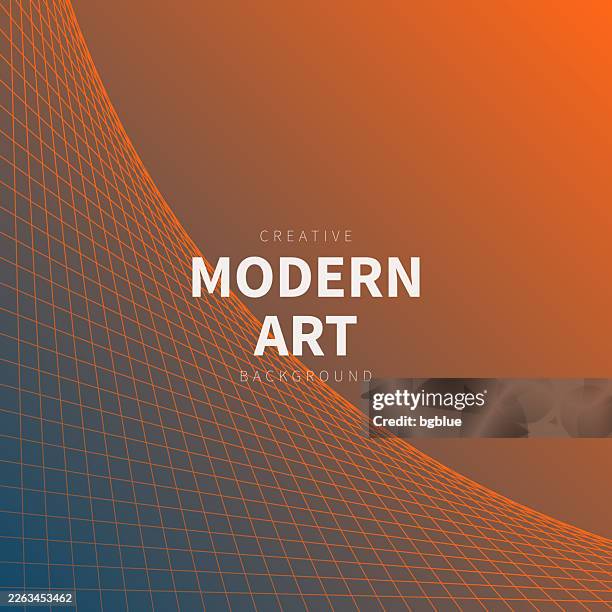geometric background with curved 3d grid - trendy orange gradient - 3d 80s pattern stock illustrations