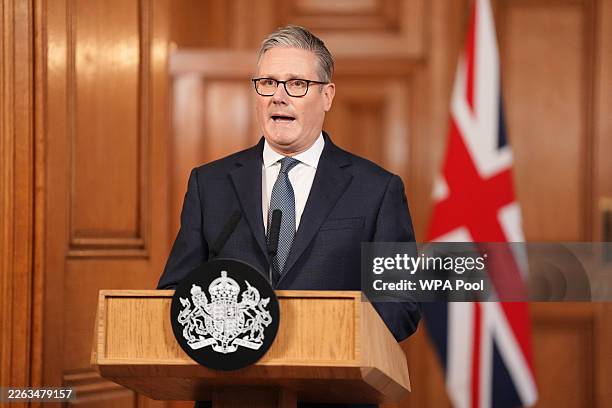 British prime minister Keir Starmer delivers a statement after the U.S. And Israel Attack Iran at Downing Street on February 28, 2026 in London,...