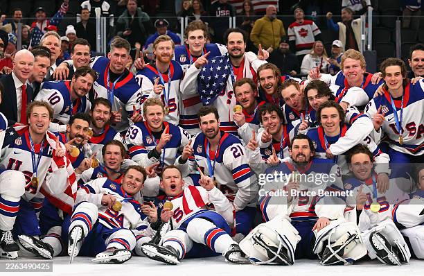 Gold medalists, Team United States, pose for a team photo during the medal ceremony following the Men's Gold Medal match between Canada and the...