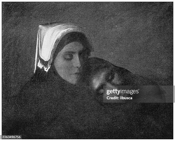 deuil, by charles cottet - sisters hugging stock illustrations