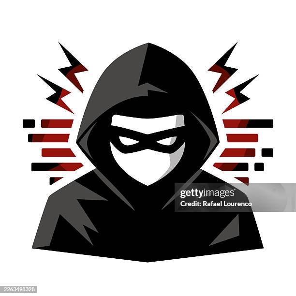 mysteriöser hacker oder dieb mit kapuze und maske - computervirus stock-grafiken, -clipart, -cartoons und -symbole