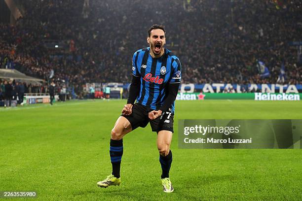 Davide Zappacosta of Atalanta celebrates scoring his team's second goal during the UEFA Champions League 2025/26 League Knockout Play-off Second Leg...