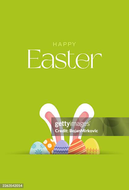 easter, card with rabbit ears and eggs - vertical. vector - easter bunny ears stock illustrations