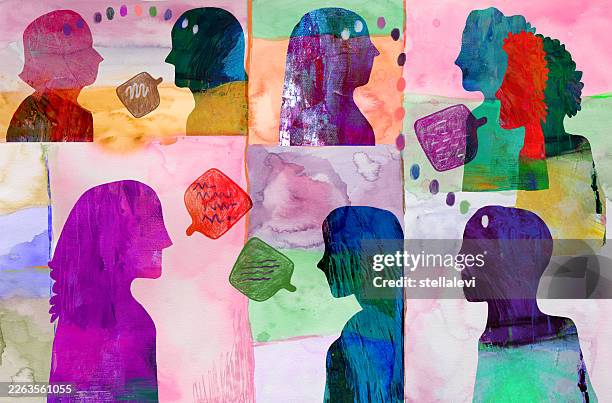 illustrazioni stock, clip art, cartoni animati e icone di tendenza di concetto di comunicazione. gruppo di persone diverse che parlano, pensano, comunicano. - multiculturalismo