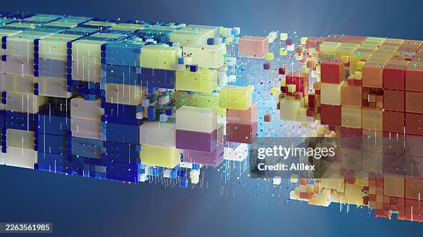 digital data cubes and networked blocks connecting in abstract technology visualization - interoperability stock pictures, royalty-free photos & images