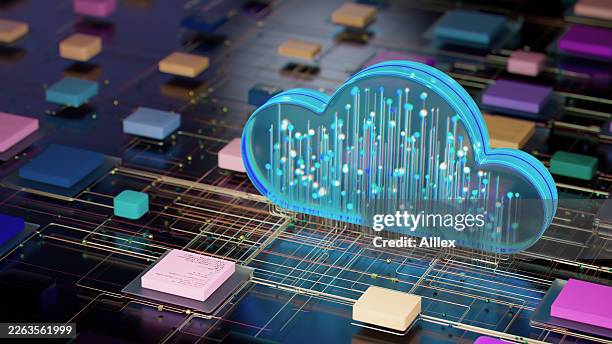 digital cloud computing network over circuit board representing data transfer and connectivity - cloud backup stock pictures, royalty-free photos & images
