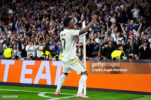 Vinicius Junior of Real Madrid celebrates scoring his team's second goal during the UEFA Champions League 2025/26 League Knockout Play-off Second Leg...