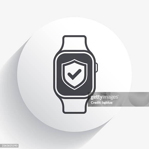 secure smartwatch. icon on circle button with long shadow - quality control approved stock illustrations