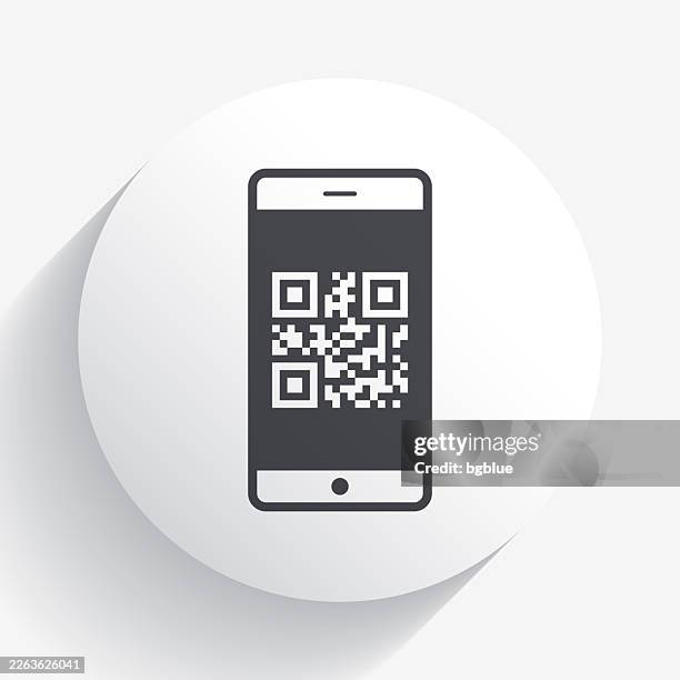 smartphone with qr code. icon on circle button with long shadow - reading label stock illustrations