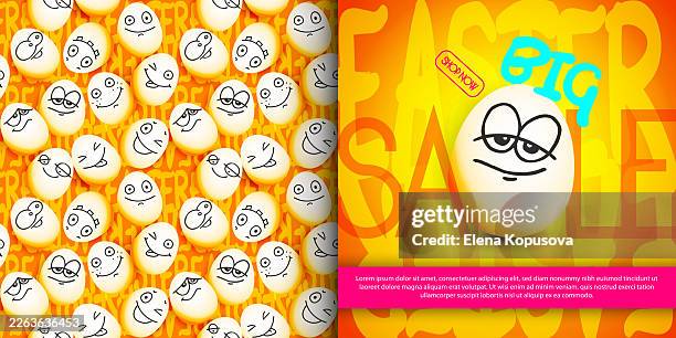 cartoon-style easter eggs with cheerful anthropomorphic faces on a bright abstract text background. stylish, modern set, seamless background + banner discounts. - easter seamless pattern stock illustrations