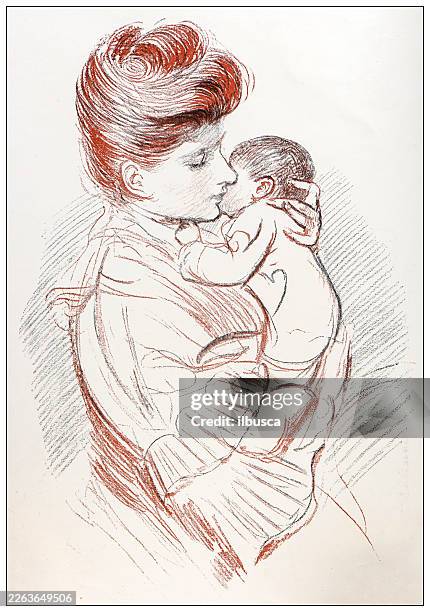 the kiss, study by paul helleu - hugging son stock illustrations