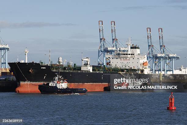 The seized 'Ethera' vessel is pictured at the naval base in Zeebrugge, Sunday 01 March 2026. The oil tanker is on the European Union sanctions list...