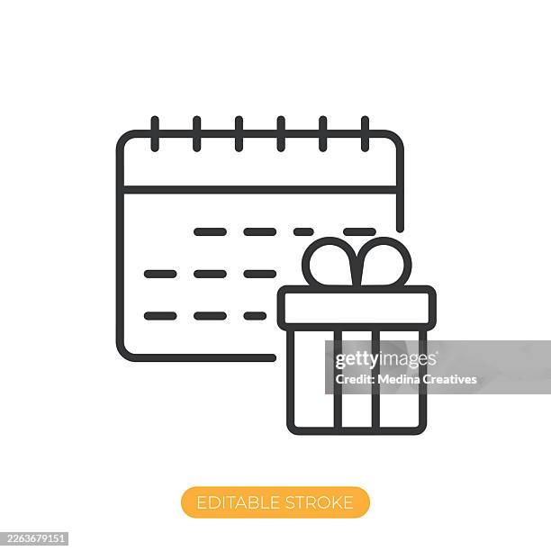 scheduled gift icon. editable stroke thin line icon - receiving present stock illustrations