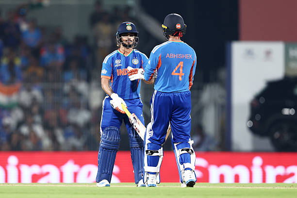 Ishan Kishan of India and Abhishek Sharma of India talk as they bat during the ICC Men's T20 World Cup India & Sri Lanka 2026 Super 8 match between...