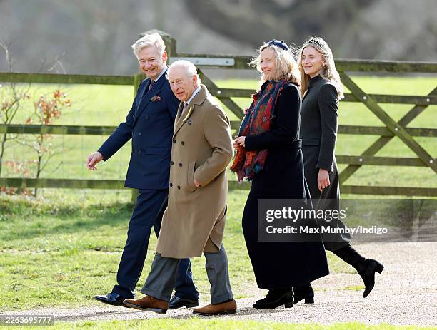 King Charles III, accompanied by his Principal Private Secretary Sir Clive Alderton, departs after attending Sunday service at the Church of St Mary...