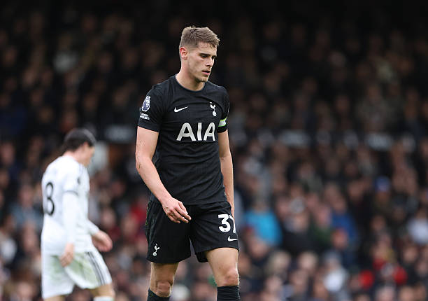 Tottenham Hotspur's Micky van de Ven during the Premier League match between Fulham and Tottenham Hotspur at Craven Cottage on March 1, 2026 in...