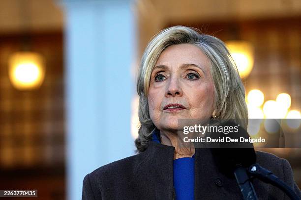 Former U.S. Secretary of State Hillary Clinton speaks to the press after testifying in a closed-door deposition with the House Oversight Committee at...