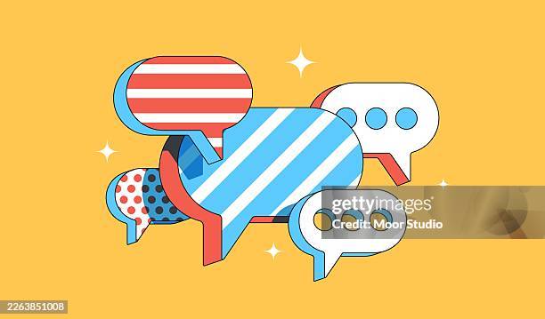 funny speech bubbles on a yellow background - blogging stock illustrations