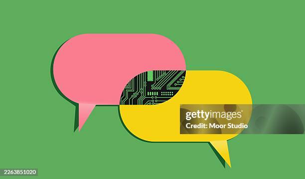 two connected speech bubbles with circuit inside - technology efficiency stock illustrations