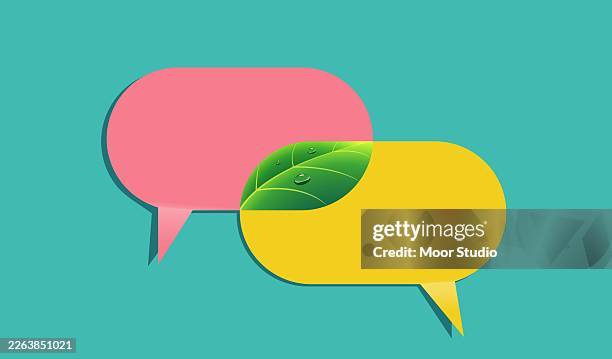 two speech bubbles with green leaf inside - collaboration stock illustrations