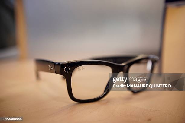 Picture taken on March 2, 2026 in Barcelona shows Ray Ban META AI glasses displayed at the Mobile World Congress , the world's biggest mobile...