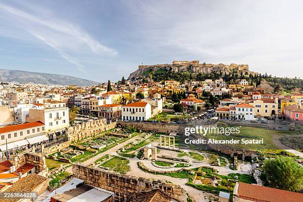 aerial view of acropolis and plaka historic district on a sunny day, wide angle view, athens, greece - parthenon athens stock pictures, royalty-free photos & images