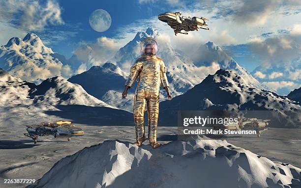 human astronauts exploring a winter planet - snow explorer stock illustrations