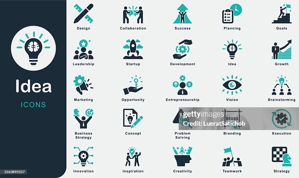 Idea solid icons collection.Containing Creativity, Innovation, Brainstorming, Concept, Vision, Strategy, Planning, Goals, Inspiration, Design, Development, Entrepreneurship, Startup, Marketing, Brand